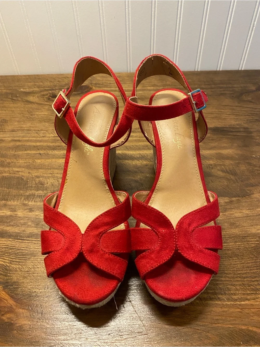 American Eagle - Red Suede Ankle-Strap Wedge Shoes - women’s size: 8 - Picture 2 of 16